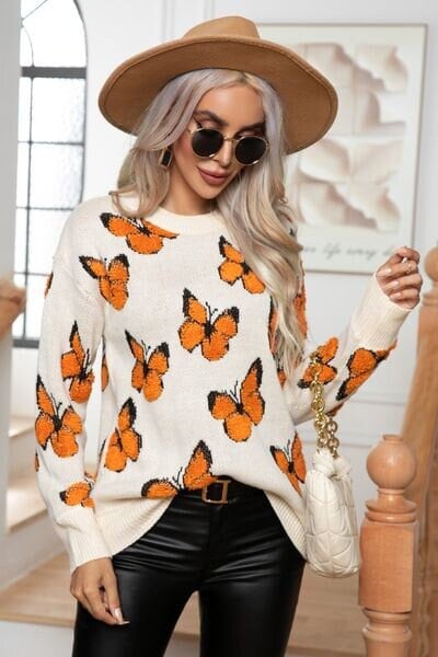 Cozy Butterfly Sweater- Animal Print Knitted Sweater, Cute Autumn Sweater, Korean Style Sweater, Casual Vintage Sweater- Enchanting Wings
