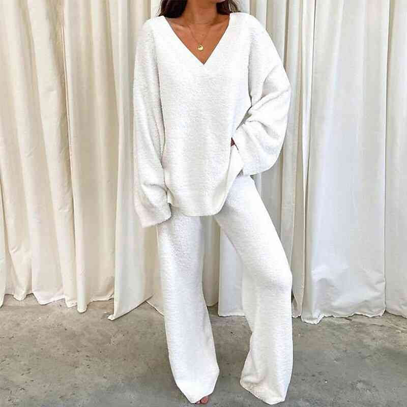 Women's Outwear Winter Lounge Set, Casual Long Sleeve V-Neck Top and Pants, Women's Comfy Sport Casual Set, Two Piece set for women, Set
