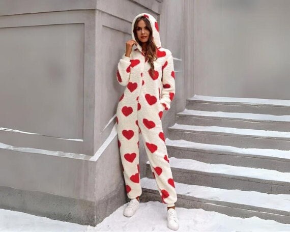 Soft Heart Patterned Hooded Back Zipper Butt Flap Plush Fleece Jumpsuit Women's Pajamas Set , Cute Jumpsuit Pajamas, Gifts For Her