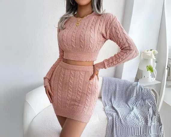 Cable Sweater Set,  Knitted Sweater & Skirt Slim Fit Set, Knit Top and Skirt, 2 Piece Matching Set for Women, Warm Sweater Skirt, women set